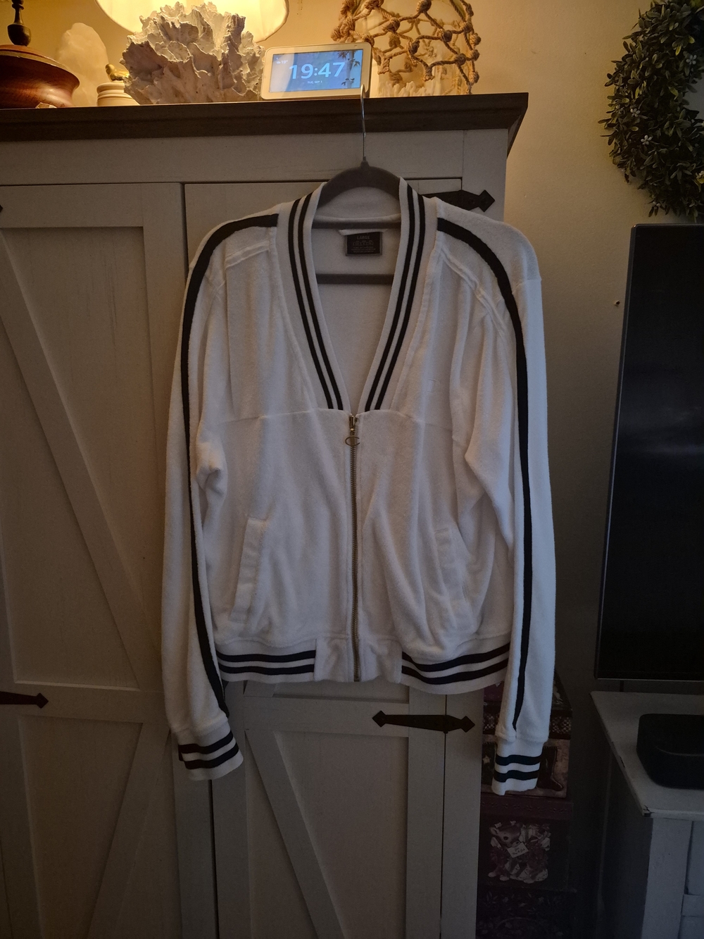 Champion White Bomber Jacket with Blue Trim Size L